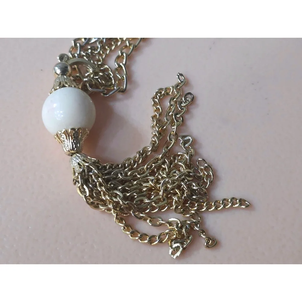 Park Lane Vintage Gold Tone Double Strand Tassel Necklace Cream Faux Pearl Bead‎